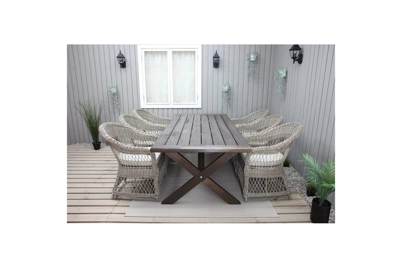 Ulkomöbeliryhmä 220 cm pöytä & 6 luonnollista Merida-tuolia Ruskea - Ruskea - Puutarhakalusteet - Ulkoryhmä - Ruokailuryhmät ulos