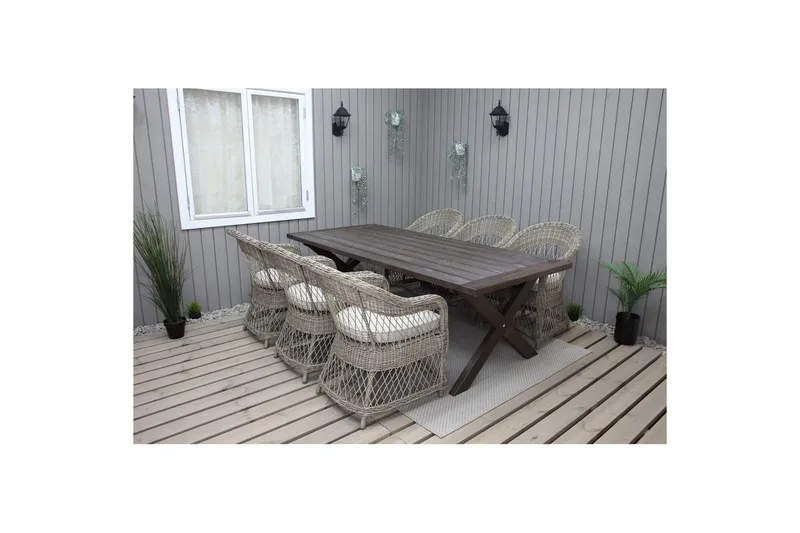 Ulkomöbeliryhmä 220 cm pöytä & 6 luonnollista Merida-tuolia Ruskea - Ruskea - Puutarhakalusteet - Ulkoryhmä - Ruokailuryhmät ulos