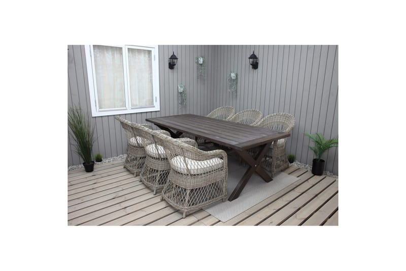Ulkomöbeliryhmä 220 cm pöytä & 6 luonnollista Merida-tuolia Ruskea, Ruskea
