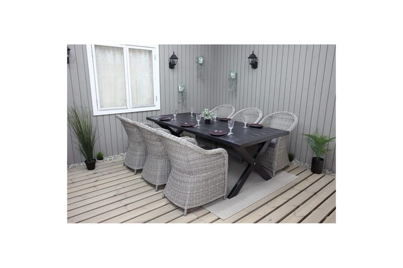 Ulkomöbeliryhmä 220 cm pöytä & 6 harmaata Belize-tuolia Musta - Musta - Puutarhakalusteet - Ulkoryhmä - Ruokailuryhmät ulos