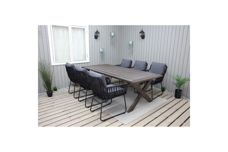 Ulkomöbeliryhmä 220 cm pöytä & 6 harmaata Levanto-tuolia Ruskea - Ruskea - Puutarhakalusteet - Ulkoryhmä - Ruokailuryhmät ulos