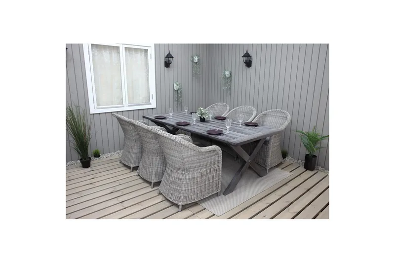 Ulkomöbeliryhmä 220 cm pöytä & 6 harmaata Belize-tuolia Harmaa - Harmaa - Puutarhakalusteet - Ulkoryhmä - Ruokailuryhmät ulos