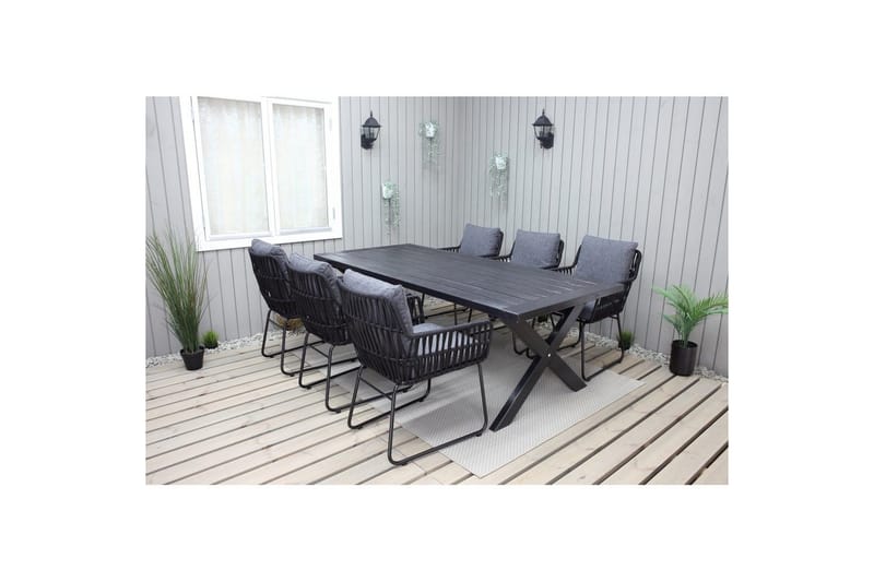 Ulkomöbeliryhmä 220 cm pöytä & 6 harmaata Levanto-tuolia Musta - Musta - Puutarhakalusteet - Ulkoryhmä - Ruokailuryhmät ulos