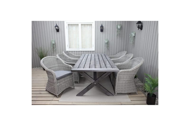 Ulkomöbeliryhmä 220 cm pöytä & 6 harmaata Belize-tuolia Harmaa - Harmaa - Puutarhakalusteet - Ulkoryhmä - Ruokailuryhmät ulos