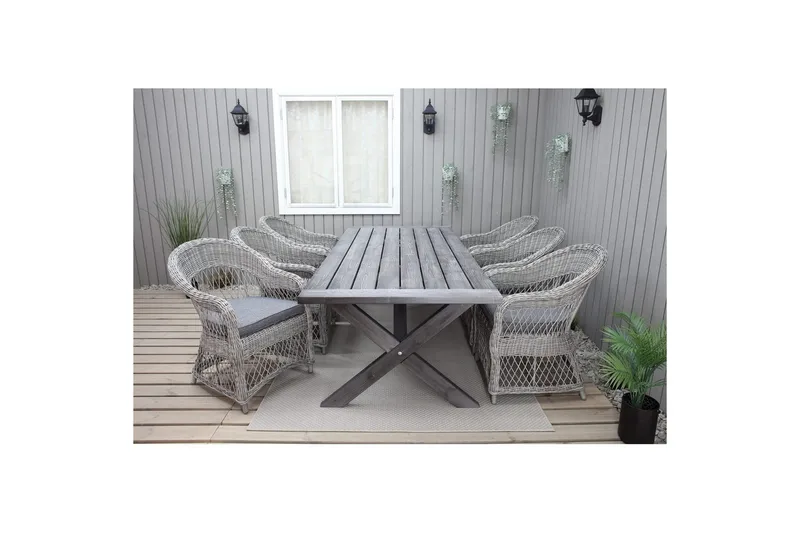 Ulkomöbeliryhmä 220 cm pöytä & 6 harmaata Merida-tuolia Harmaa, Harmaa