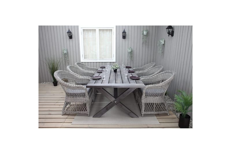 Ulkomöbeliryhmä 220 cm pöytä & 6 harmaata Merida-tuolia Harmaa - Harmaa - Puutarhakalusteet - Ulkoryhmä - Ruokailuryhmät ulos