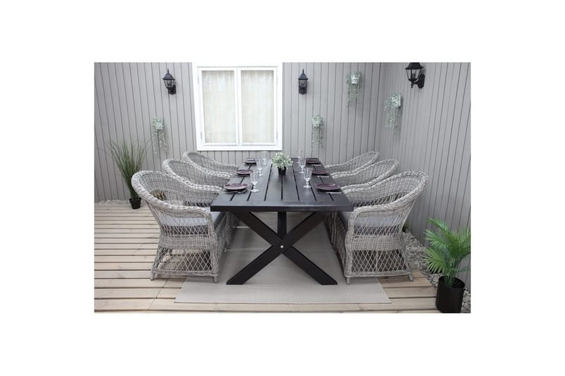 Ulkomöbeliryhmä 220 cm pöytä & 6 harmaata Merida-tuolia Musta - Musta - Puutarhakalusteet - Ulkoryhmä - Ruokailuryhmät ulos