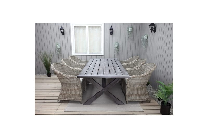 Ulkomöbeliryhmä 220 cm pöytä & 6 luonnollista Belize-tuolia Harmaa - Harmaa - Puutarhakalusteet - Ulkoryhmä - Ruokailuryhmät ulos