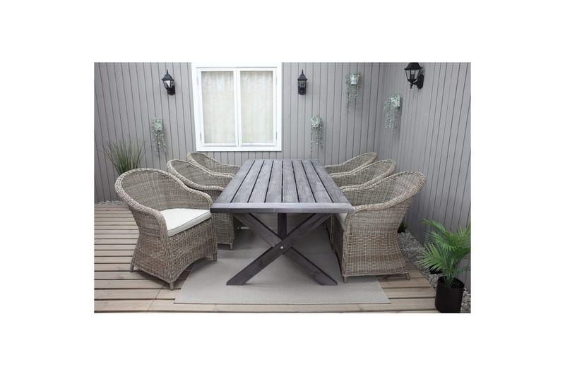 Ulkomöbeliryhmä 220 cm pöytä & 6 luonnollista Belize-tuolia Harmaa - Harmaa - Puutarhakalusteet - Ulkoryhmä - Ruokailuryhmät ulos