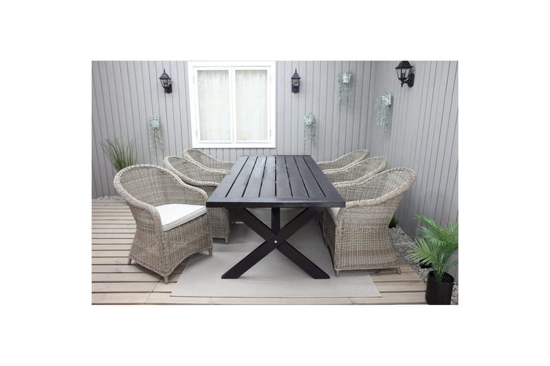 Ulkomöbeliryhmä 220 cm pöytä & 6 luonnollista Belize-tuolia Musta - Musta - Puutarhakalusteet - Ulkoryhmä - Ruokailuryhmät ulos