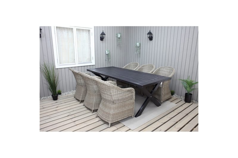 Ulkomöbeliryhmä 220 cm pöytä & 6 luonnollista Belize-tuolia Musta - Musta - Puutarhakalusteet - Ulkoryhmä - Ruokailuryhmät ulos