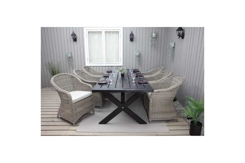 Ulkomöbeliryhmä 220 cm pöytä & 6 luonnollista Belize-tuolia Musta - Musta - Puutarhakalusteet - Ulkoryhmä - Ruokailuryhmät ulos