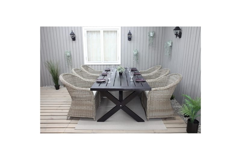 Ulkomöbeliryhmä 220 cm pöytä & 6 luonnollista Belize-tuolia Musta - Musta - Puutarhakalusteet - Ulkoryhmä - Ruokailuryhmät ulos