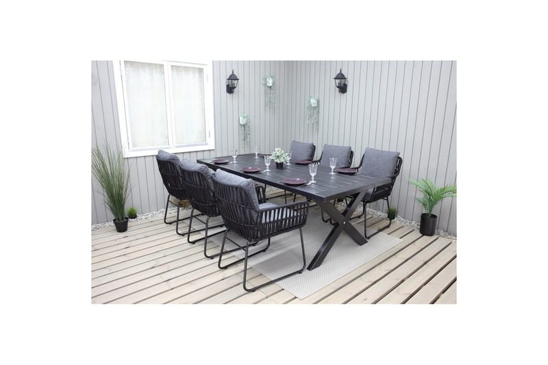 Ulkomöbeliryhmä 220 cm pöytä & 6 harmaata Levanto-tuolia Musta - Musta - Puutarhakalusteet - Ulkoryhmä - Ruokailuryhmät ulos