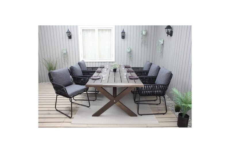 Ulkomöbeliryhmä 220 cm pöytä & 6 harmaata Levanto-tuolia Ruskea - Ruskea - Puutarhakalusteet - Ulkoryhmä - Ruokailuryhmät ulos