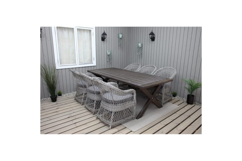Ulkomöbeliryhmä 220 cm pöytä & 6 harmaata Merida-tuolia Ruskea - Ruskea - Puutarhakalusteet - Ulkoryhmä - Ruokailuryhmät ulos