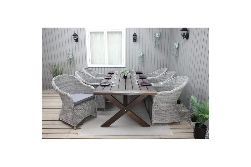 Ulkomöbeliryhmä 220 cm pöytä & 6 harmaata Belize-tuolia Ruskea - Ruskea - Puutarhakalusteet - Ulkoryhmä - Ruokailuryhmät ulos