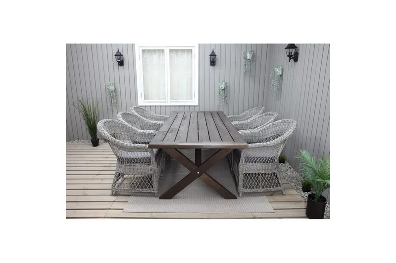 Ulkomöbeliryhmä 220 cm pöytä & 6 harmaata Merida-tuolia Ruskea - Ruskea - Puutarhakalusteet - Ulkoryhmä - Ruokailuryhmät ulos