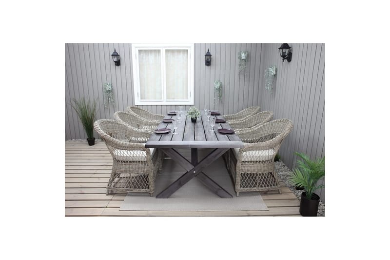 Ulkomöbeliryhmä 220 cm pöytä & 6 luonnollista Merida-tuolia Harmaa - Harmaa - Puutarhakalusteet - Ulkoryhmä - Ruokailuryhmät ulos