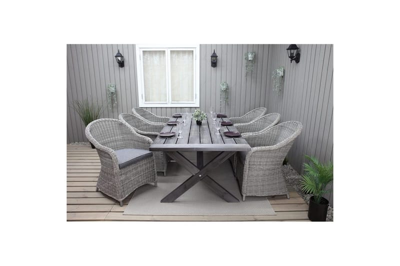 Ulkomöbeliryhmä 220 cm pöytä & 6 harmaata Belize-tuolia Harmaa - Harmaa - Puutarhakalusteet - Ulkoryhmä - Ruokailuryhmät ulos