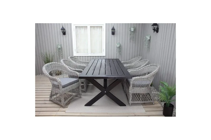 Ulkomöbeliryhmä 220 cm pöytä & 6 harmaata Merida-tuolia Musta - Musta - Puutarhakalusteet - Ulkoryhmä - Ruokailuryhmät ulos