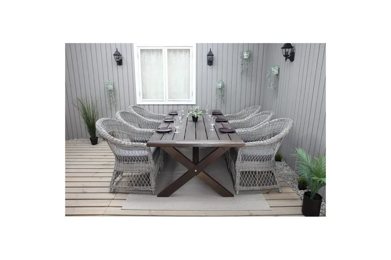 Ulkomöbeliryhmä 220 cm pöytä & 6 harmaata Merida-tuolia Ruskea - Ruskea - Puutarhakalusteet - Ulkoryhmä - Ruokailuryhmät ulos