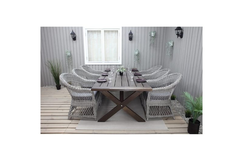 Ulkomöbeliryhmä 220 cm pöytä & 6 harmaata Merida-tuolia Ruskea - Ruskea - Puutarhakalusteet - Ulkoryhmä - Ruokailuryhmät ulos