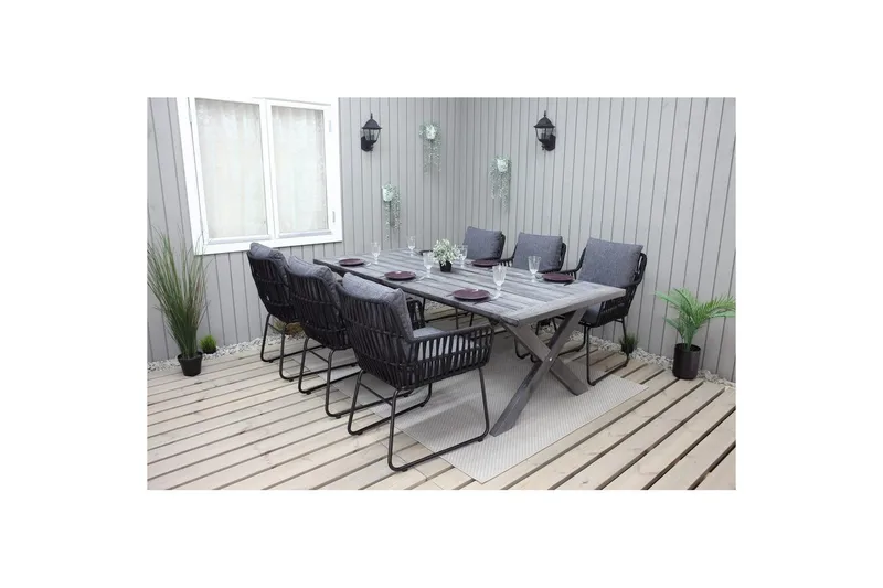 Ulkomöbeliryhmä 220 cm pöytä & 6 harmaata Levanto-tuolia Harmaa - Harmaa - Puutarhakalusteet - Ulkoryhmä - Ruokailuryhmät ulos