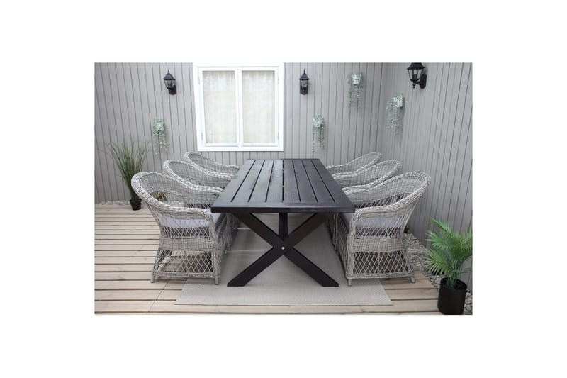 Ulkomöbeliryhmä 220 cm pöytä & 6 harmaata Merida-tuolia Musta - Musta - Puutarhakalusteet - Ulkoryhmä - Ruokailuryhmät ulos