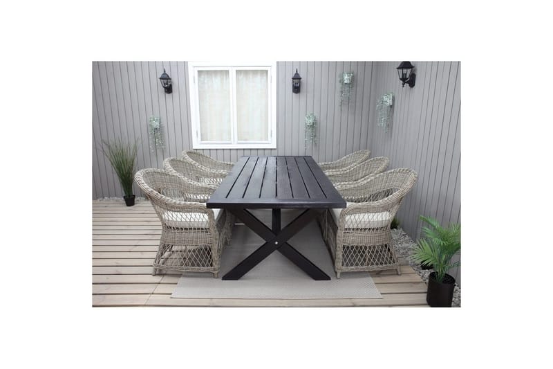 Ulkomöbeliryhmä 220 cm pöytä & 6 luonnollista Merida-tuolia Musta - Musta - Puutarhakalusteet - Ulkoryhmä - Ruokailuryhmät ulos