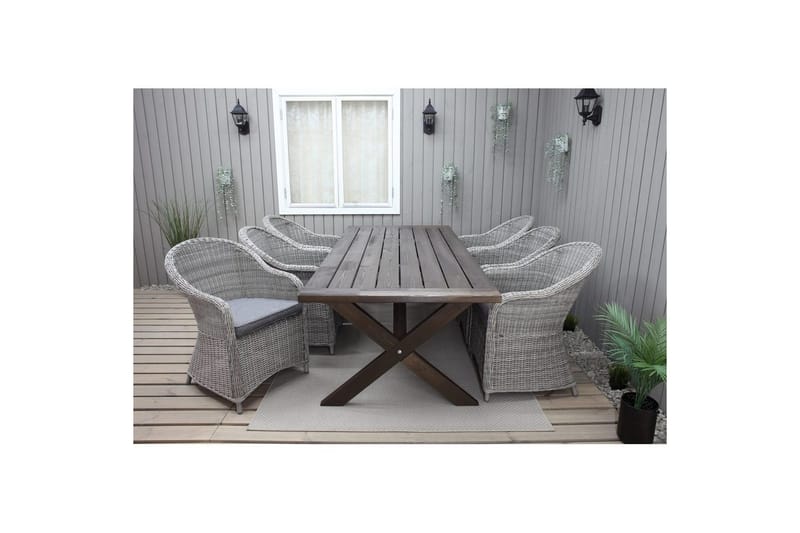 Ulkomöbeliryhmä 220 cm pöytä & 6 harmaata Belize-tuolia Ruskea - Ruskea - Puutarhakalusteet - Ulkoryhmä - Ruokailuryhmät ulos