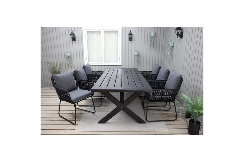 Ulkomöbeliryhmä 220 cm pöytä & 6 harmaata Levanto-tuolia Musta, Musta