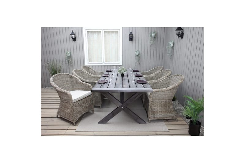 Ulkomöbeliryhmä 220 cm pöytä & 6 luonnollista Belize-tuolia Harmaa - Harmaa - Puutarhakalusteet - Ulkoryhmä - Ruokailuryhmät ulos