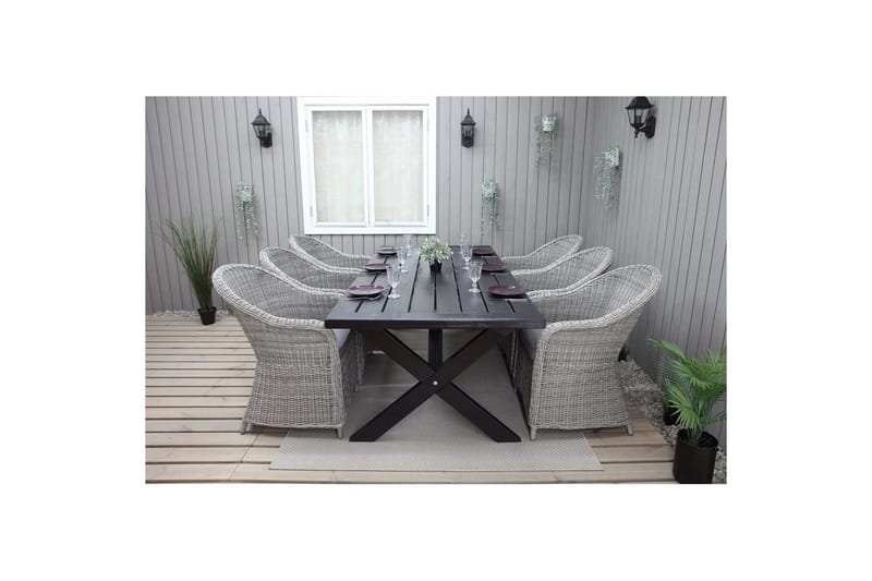 Ulkomöbeliryhmä 220 cm pöytä & 6 harmaata Belize-tuolia Musta - Musta - Puutarhakalusteet - Ulkoryhmä - Ruokailuryhmät ulos