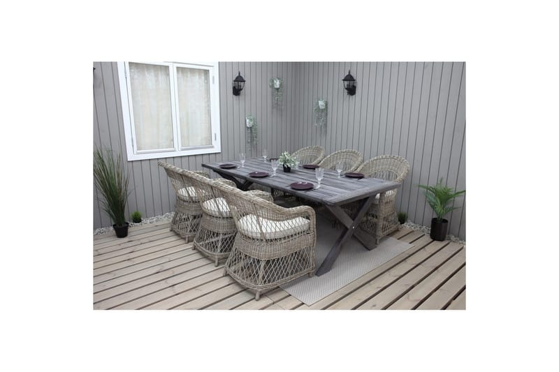 Ulkomöbeliryhmä 220 cm pöytä & 6 luonnollista Merida-tuolia Harmaa - Harmaa - Puutarhakalusteet - Ulkoryhmä - Ruokailuryhmät ulos