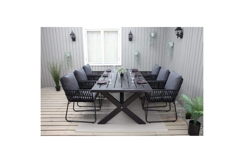 Ulkomöbeliryhmä 220 cm pöytä & 6 harmaata Levanto-tuolia Musta - Musta - Puutarhakalusteet - Ulkoryhmä - Ruokailuryhmät ulos