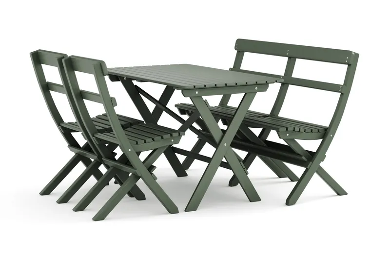 Ulkona käytettävä ruokailuryhmä 118x70x74 cm, sohva ja 2 kokoontaitettavaa tuolia, Vihreä