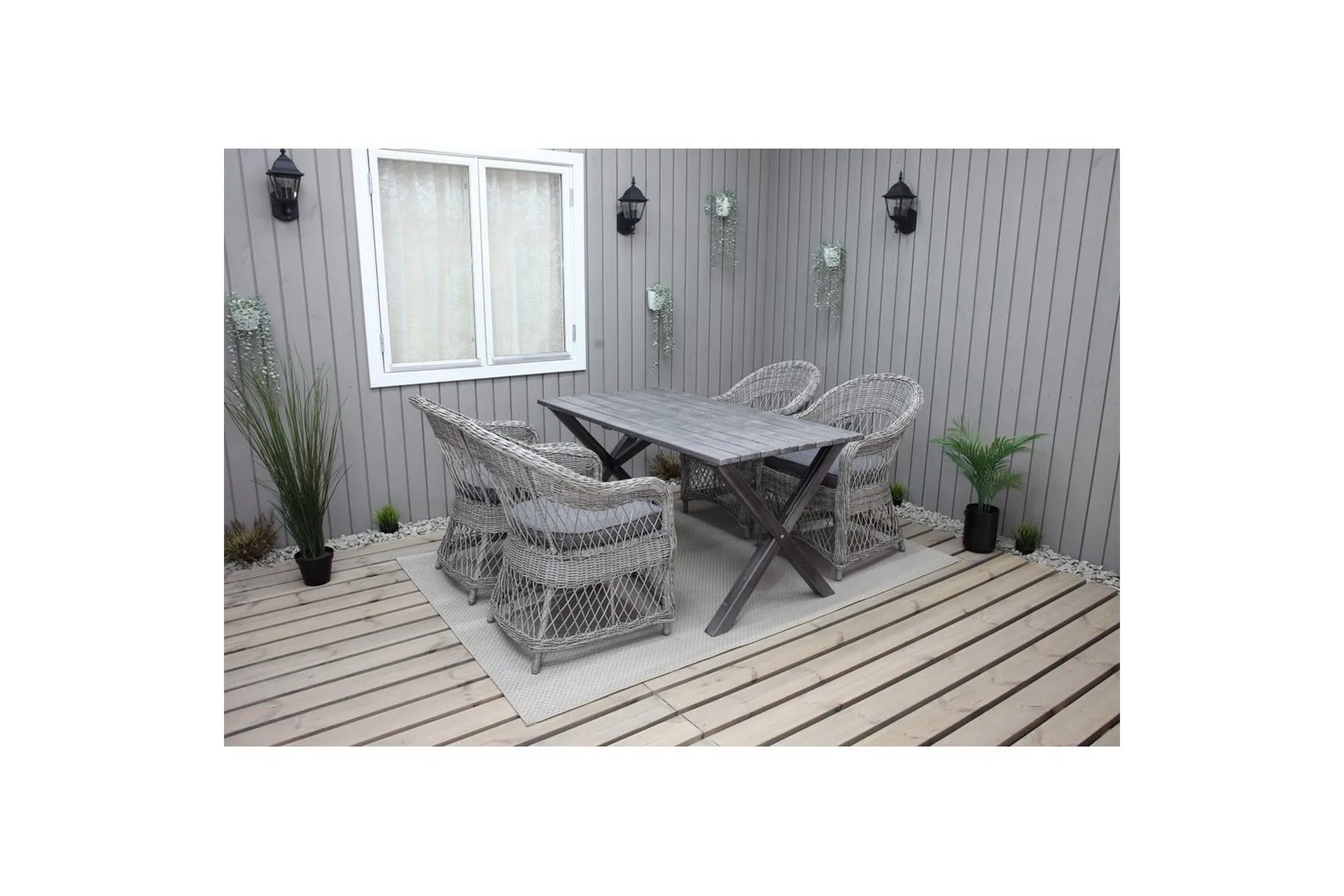 Ulkomöbeliryhmä 150 cm pöytä & 4 Merida harmaat tuolit Harmaa - Harmaa