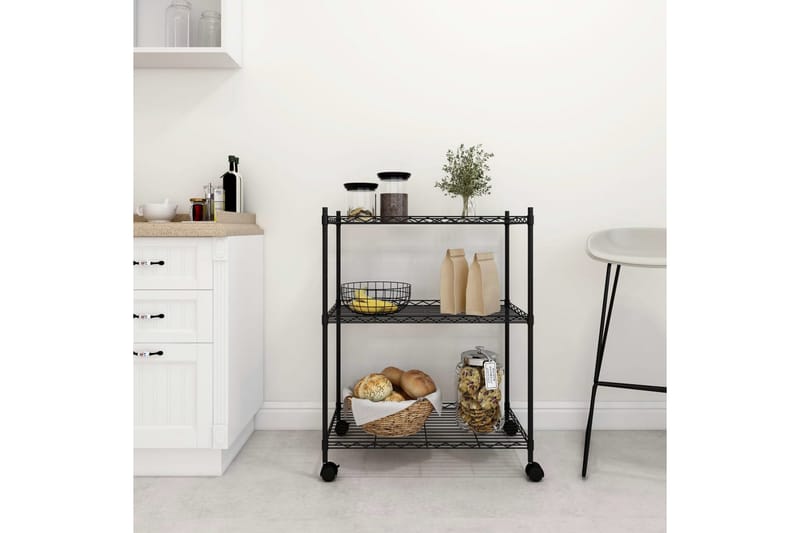 3-kerroksinen varastohylly pyörillä 60x35x81 cm musta 150 kg - Musta - Säilytys - Hylly - Seinähylly