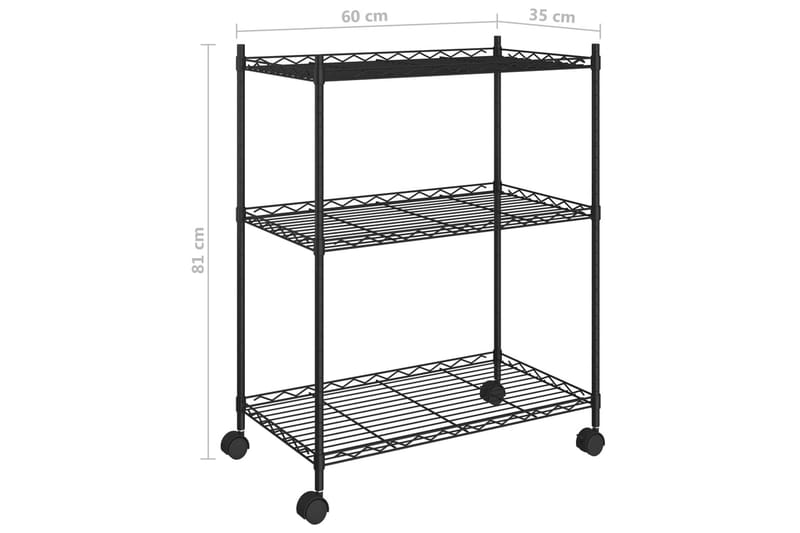 3-kerroksinen varastohylly pyörillä 60x35x81 cm musta 150 kg - Musta - Säilytys - Hylly - Seinähylly