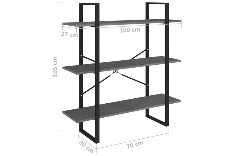 3-tasoinen kirjahylly harmaa 100x30x105 cm täysi mänty - Kirjahylly - Hylly