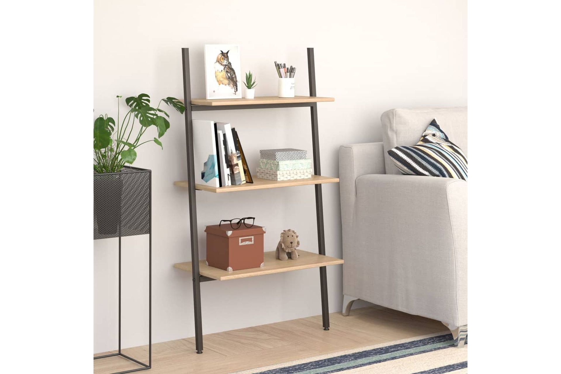 beBasic 3-kerroksinen kalteva hylly vaaleanruskea ja musta 64x34x116 cm - Ruskea - Säilytys - Hylly - Tikashylly