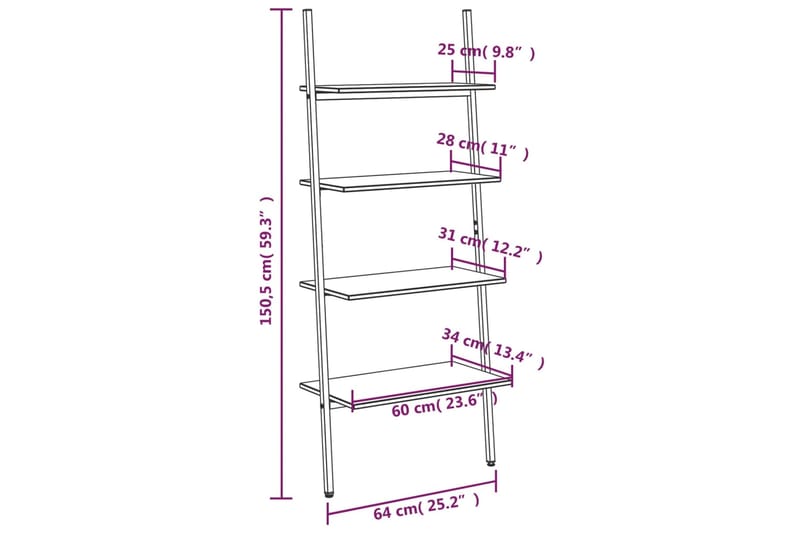 beBasic 4-kerroksinen kalteva hylly musta 64x34x150,5 cm - Musta - Kirjahylly - Hylly