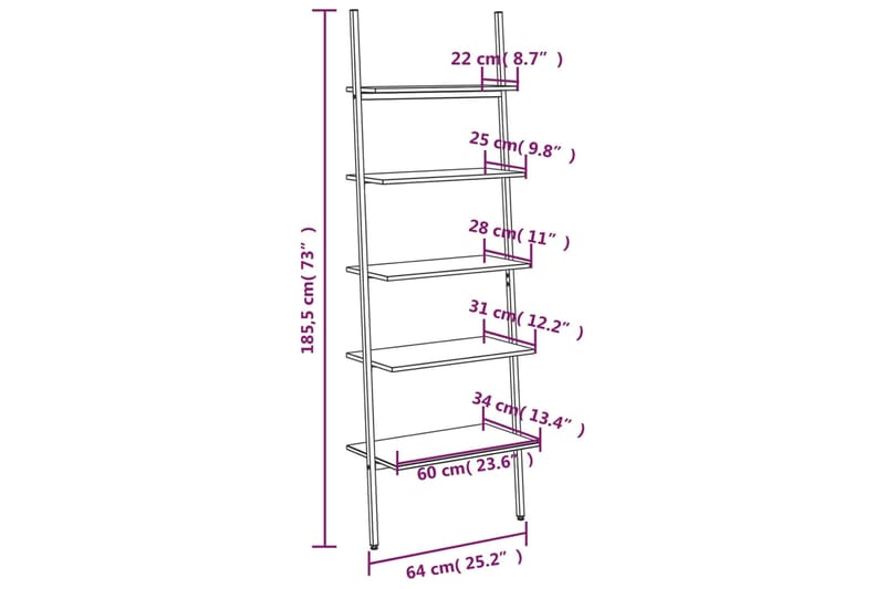 beBasic 5-kerroksinen kalteva hylly musta 64x34x185,5 cm - Musta - Kirjahylly - Hylly