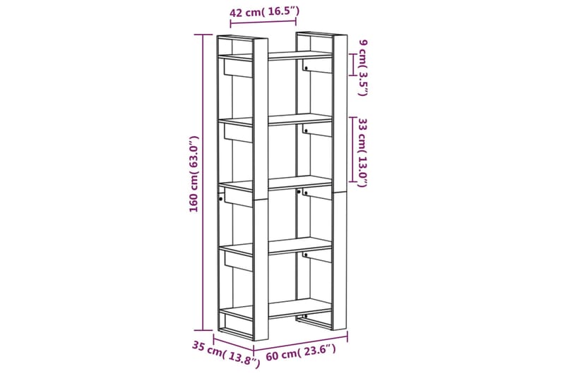 beBasic Kirjahylly/tilanjakaja harmaa 60x35x160 cm täysi mänty - Harmaa - Säilytys - Hylly - Kirjahylly
