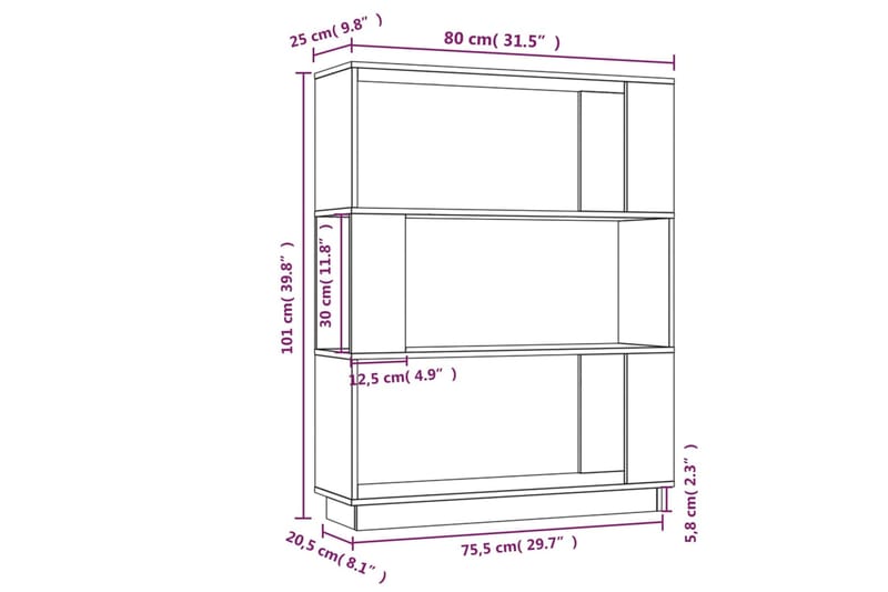 beBasic Kirjahylly/tilanjakaja harmaa 80x25x101 cm täysi mänty - Harmaa - Säilytys - Hylly - Kirjahylly