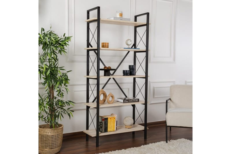 Haruka kirjahylly 90 cm metallia ja travertiinin näköistä kiveä - Harmaa|Musta - Säilytys - Hylly - Kirjahylly