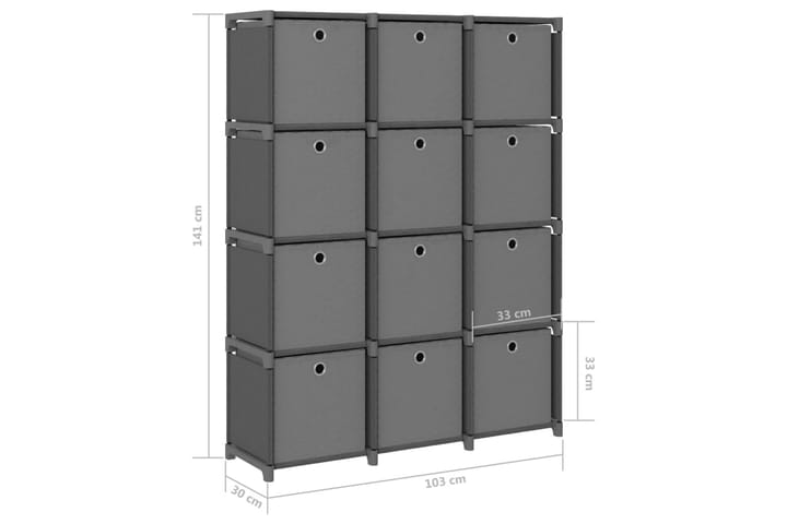 12 kuution esittelyhylly + laatikot harmaa 103x30x141 cm - Hyllyjärjestelmä