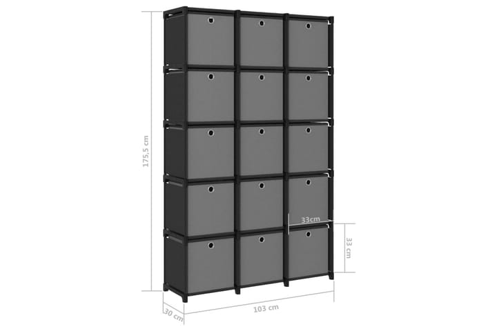15 kuution esittelyhylly + laatikot musta 103x30x175,5cm - Hyllyjärjestelmä