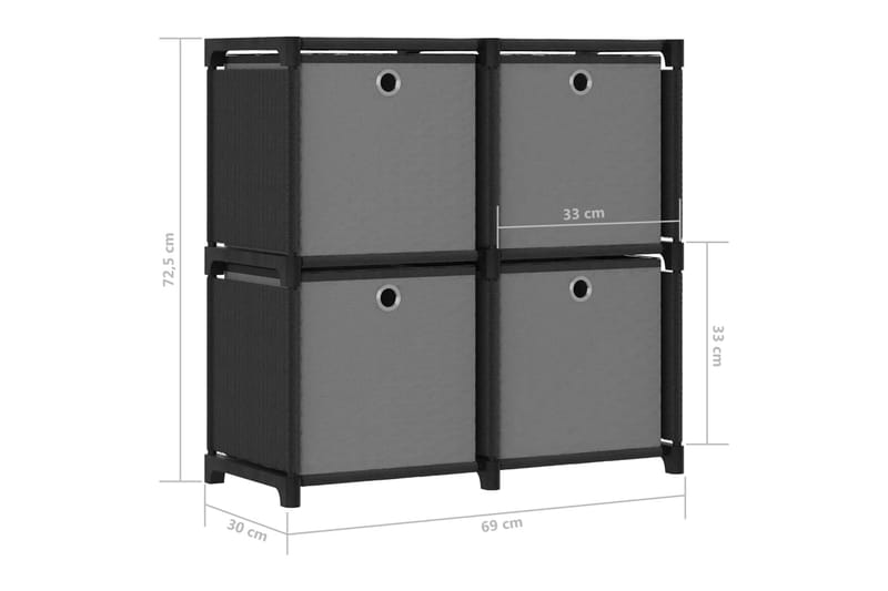4 kuution esittelyhylly + laatikot musta 69x30x72,5cm kangas - Säilytys - Hylly - Hyllyjärjestelmä